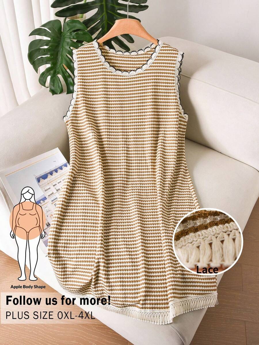 CosyJoli 大码女式休闲条纹连衣裙，无袖碎花下摆连衣裙 - 黑與白 - 查看 1