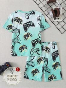 2pcs/Set Boys' Fashionable Gradient Color Gaming Element Print Crew Neck Stretchy Knit Short Sleeve Top And Shorts Casual Homewear Set  Snug Fit - Multicolor - View 2