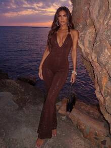 Glamine Women's Sexy Backless Tie-Front Jumpsuit, Suitable For Beach Vacation - Coffee Brown - View 6