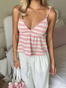 CovetEZ 粉色条纹蕾丝休闲衬衫，夏季上衣，粉色条纹休闲甜美舒适宽松吊带衫，轻薄条纹蕾丝吊带衫，春夏女装 - 粉色 - 查看 5