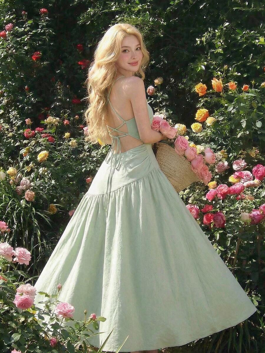 SHEIN MOD 绿色不对称露背度假连衣裙 - 綠色 - 查看 1