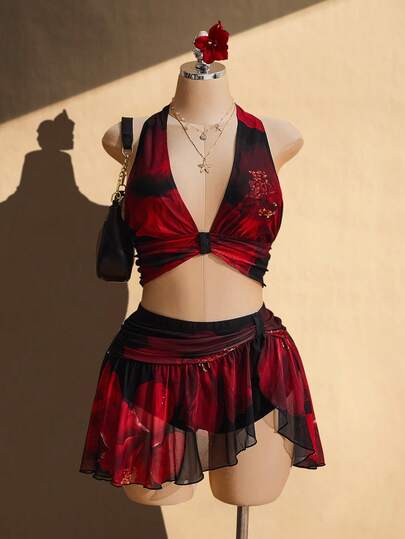 SHEIN ICON 大码女式印花吊带上衣和迷你裙套装