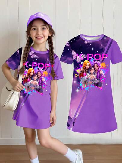 甜美可爱数码印花女童团体图案休闲夏季连衣裙，适合青少年女孩，紫色短袖连衣裙，夏季上衣，春日气息，夏日风情
