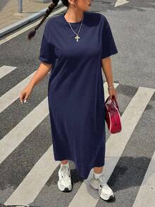 SHEIN EZwear 夏季大码休闲纯色T恤裙 - 藏蓝色 - 查看 5