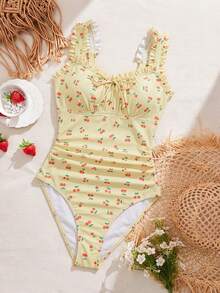 Swim Mod Bộ đồ bơi liền thân màu đen anh đào kiểu retro mới năm 2026 dành cho nữ, dây đeo vai rộng có thể điều chỉnh với bèo nhún dễ thương, phần ngực trang trí nơ, eo xếp ly, phong cách thời trang đi biển cho kỳ nghỉ hè. - Nhiều màu - Xem 7
