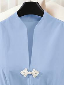 SHEIN Franclia 女士优雅纯色纽扣装饰短袖连衣裙 - 淺藍色 - 查看 5