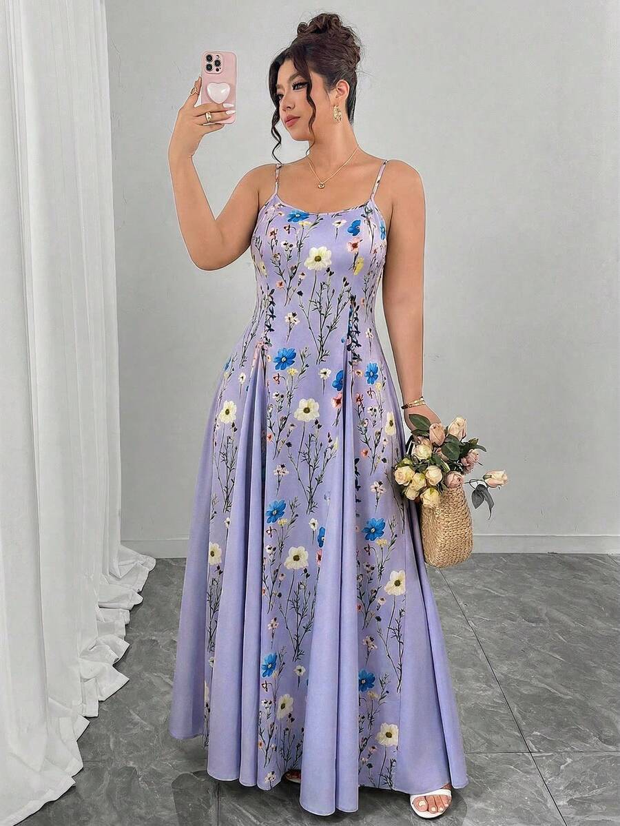 Elenzga Plus Size Watercolor Floral Print Crew Neck A-Line Asymmetric Hem Slip Dress, Elegant For Valentine's Day Outing, Party, Afternoon Tea, Vacation - Mauve Purple - View 1