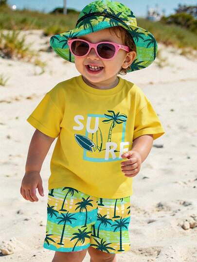 SHEIN 男婴休闲简约上衣，适合春夏穿着，度假风椰树及文字印花