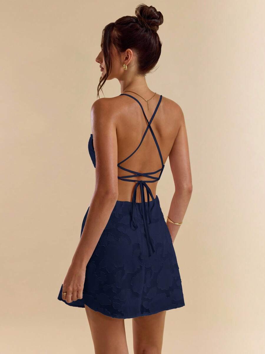SHEIN BAE Đầm mini dáng chữ A màu hồng trơn ôm sát, hở lưng, buộc dây, chất liệu vải dệt họa tiết, dành cho nữ, thích hợp cho mùa xuân/hè. - Màu xanh hải quân - Xem 1
