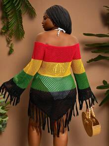 Maweii Vestito da vacanza da spiaggia con frange e motivo traforato, taglie comode per donna - Multicolore - Visualizzare 2