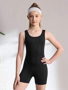 SHEIN 少女黑色极简高弹面料连体裤，无袖连体裤，适合学校、专业训练、芭蕾舞、体操、舞蹈工作室练习，四季皆宜。 - 黑色 - 查看 3