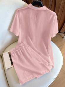 Resyla Conjunto Feminino de Verão com Camisa Vintage Casual Folgada e Shorts, 2 Peças, Moda Versátil - Rosa empoeirado - Visão 2