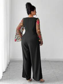 Elenzga Bộ jumpsuit nữ cỡ lớn kiểu Pháp thanh lịch mới, tay dài, thêu, phối lưới, thiết kế thắt eo, cúc kim loại, bộ sưu tập xuân/hè hoàn toàn mới, jumpsuit ống rộng duyên dáng lãng mạn, phù hợp cho hẹn hò, công sở, thường ngày và đi làm. - màu đen - Xem 2