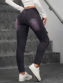 Jeanoix Casual Washed Distressed Slim Fit Denim Jeans - Red - View 2