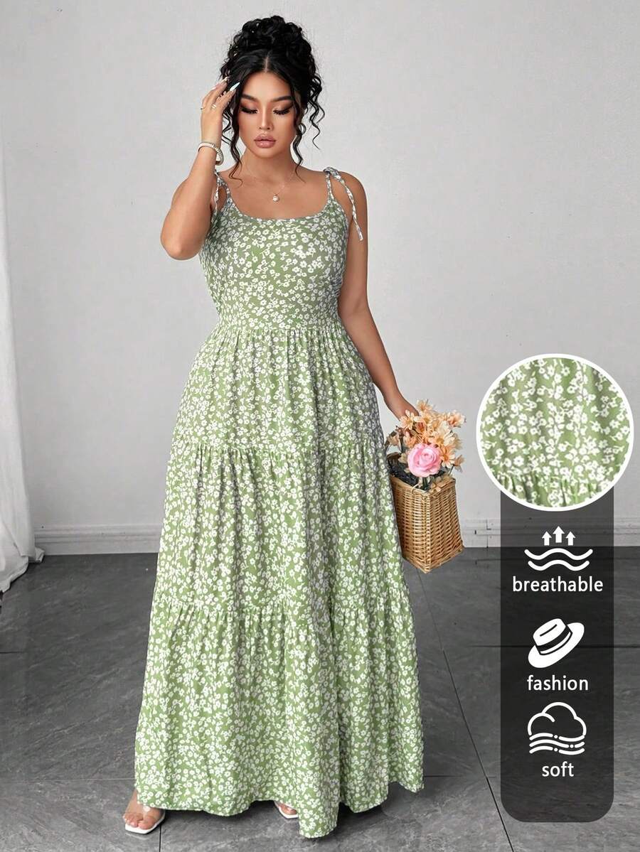 Elenzga 女士优雅绿色碎花露背连衣裙，休闲夏装 - 綠色 - 查看 1
