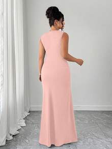 Elenzga Women's Elegant Sleeveless Round Neck A-Line Dress, Waist Ruched Design, Solid Knit Fabric - Pink - View 2