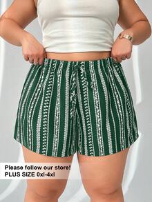 Solflare Celana Pendek Kasual Longgar Ukuran Besar Bermotif Hijau Zaitun - Dark Green - View 1