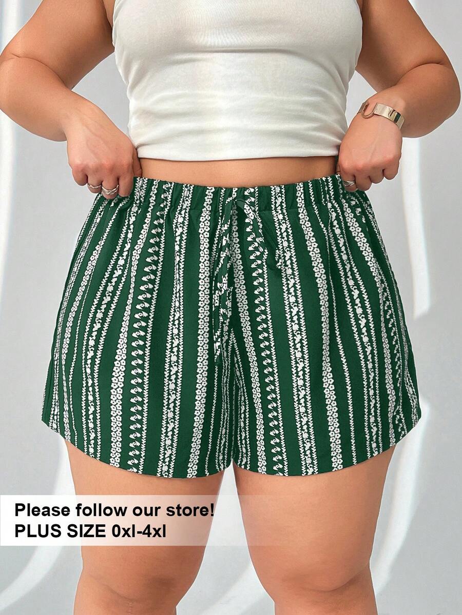Solflare Celana Pendek Kasual Longgar Ukuran Besar Bermotif Hijau Zaitun - Dark Green - View 1