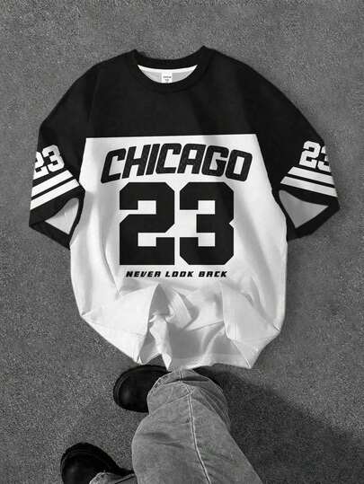 Tween Boy New Casual Minimalist Y2K Style English Letter, Number 23, Chicago, Sports Vibe Retro American, Color Blocking, Loose Comfortable Short Sleeve Crew Neck T-Shirt, Suitable For Spring/Summer