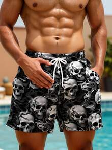 Solantero Quần short nam in hình đầu lâu, kiểu dáng thường ngày, có túi và dây rút, thích hợp mặc đi biển mùa hè. - Xám - Xem 1