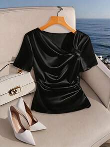 Franclia Áo thun nữ cổ lệch, áo thun nữ dệt kim satin co giãn ôm sát. - màu đen - Xem 3