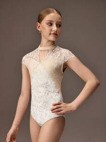 SHEIN Áo liền quần múa ba lê màu trắng cho bé gái tuổi teen, phần trên thiết kế ren thanh lịch, chất liệu nhung sang trọng, kiểu dáng duyên dáng và trang nhã, phù hợp cho mùa hè và mọi mùa. - Màu be - Xem 5