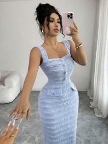 Elenzga Mẫu đầm midi dáng ôm thanh lịch, không tay, cổ vuông, chất liệu dệt kim, hàng mới về dành cho nữ. - Màu xanh lam - Xem 7