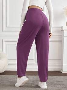 SHEIN Maternity Casual Solid Color High Waist Pants - Red Violet - View 2