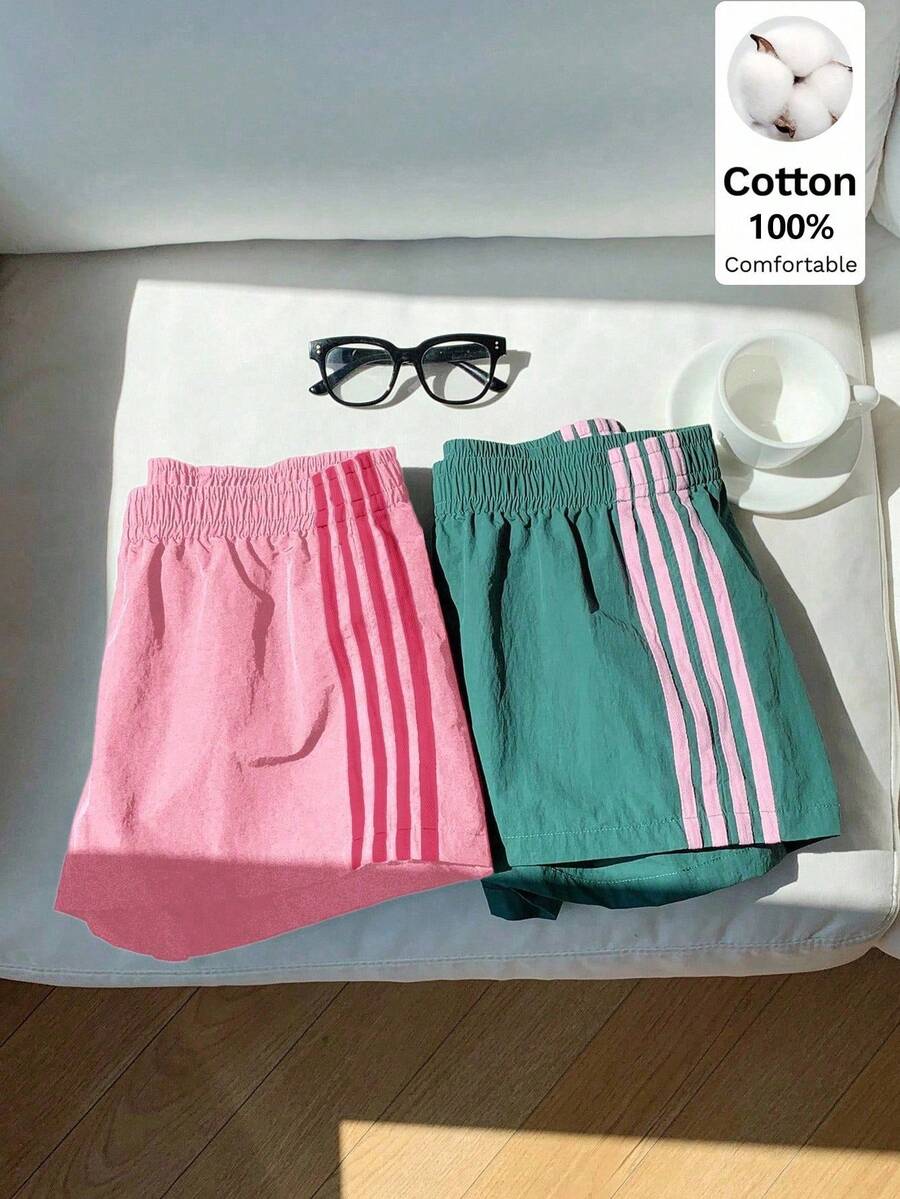 SHEIN EZwear 2件套休闲简约运动世界杯撞色腰带短裤,女款,适合比赛日、假期、返校季、足球迷周边,运动多巴胺色彩搭配,2件套更划算 - 彩色 - 查看 1