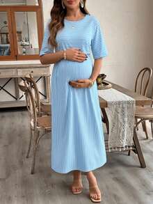 SHEIN Đầm cho bà bầu kẻ sọc tối giản cổ tròn tay ngắn cho con bú - Màu xanh nhạt - Xem 4