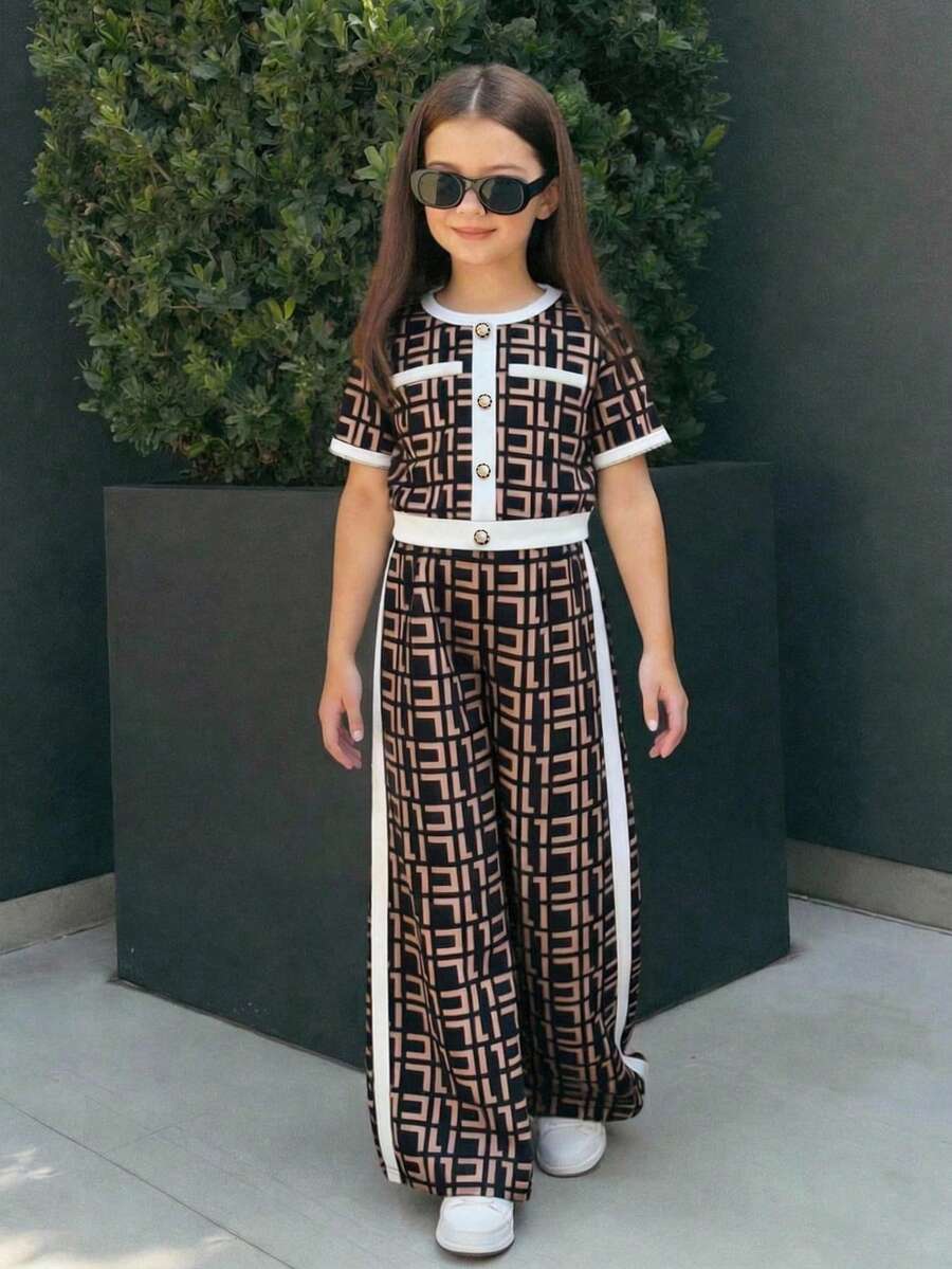 Firerie Kids Firerie Kids 少女几何印花圆领短袖衬衫搭配阔腿裤,休闲日常穿搭 - 彩色 - 查看 1