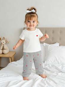 SHEIN Bộ 2 món bé gái mùa hè áo thun trắng ngắn tay thêu tim đen & quần sọc đen trắng, phong cách thường ngày dễ thương, mặc đi chơi, đi học - trắng - Xem 8