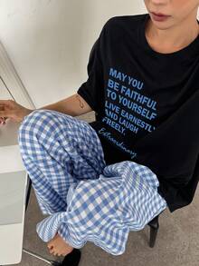 DAZY Letter Print Decor Loose T-Shirt And Plaid Straight Leg Lounge Pants Set Pajama - Black - View 4