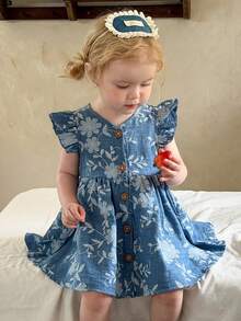 LMoss Kids Vestido azul sin mangas con mangas acampanadas y estampado floral - Azul y blanco - Ver 6