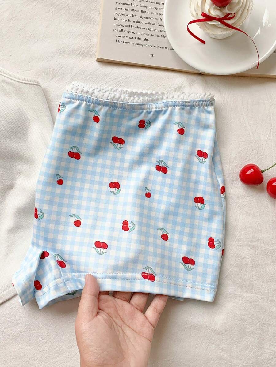Comfortcana Pantaloni scurți casual cu imprimeu de cireșe în carouri pentru femei - Multicolor - Vizualizare 1