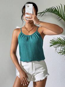 Hotletica Solid Color Pleated Casual Daily Camisole Top - Mint Blue - View 5