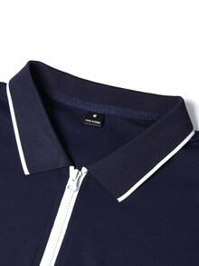 Manfinity Bizformal Men's Contrast Color Short Sleeve Top & Solid Color Pants Business Polo Suit - Multicolor - View 3