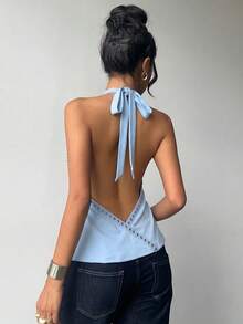 Aloruh Women's Solid Color Hanging Collar Backless Rivet Light Blue Backless Top - Baby Blue - View 9