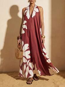 Zivah Đầm nữ kiểu dáng thường ngày in hình cây cỏ, hở lưng, thích hợp cho kỳ nghỉ. - màu nâu - Xem 5