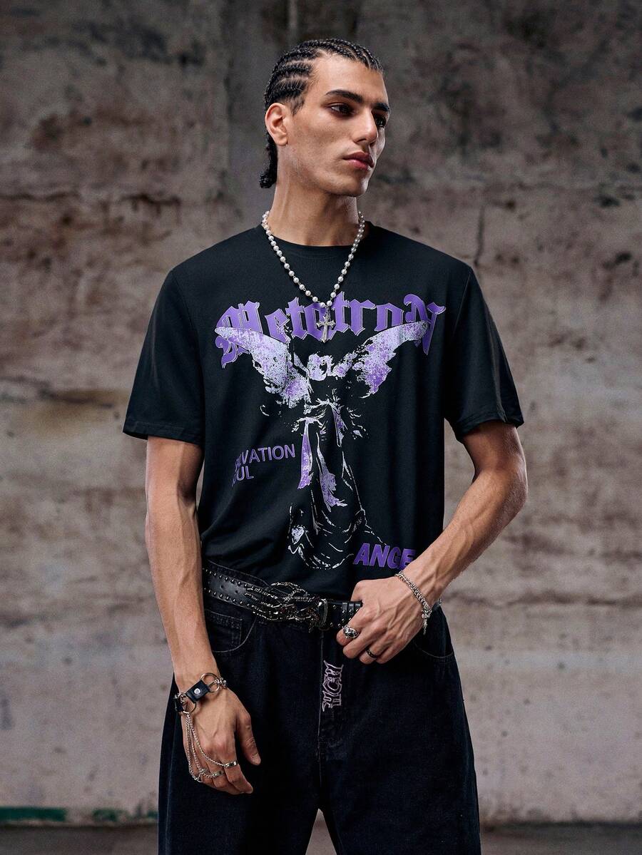 Skyrend Men Angel Letter Print Round Neck Short Sleeve Casual T-Shirt - Purple - View 1