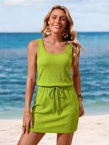 SHEIN LUNE 休闲女士针织提花度假牛油果绿连衣裙 夏季女装 夏季连衣裙 沙滩装 沙滩裙 休闲连衣裙 度假装 夏季度假装 度假连衣裙 假日连衣裙 绿色连衣裙 休闲波西米亚风女装 夏威夷 - 綠色 - 查看 6