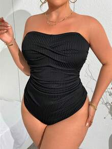 SHEIN Swim Curve 大码女式纯色吊带连体泳衣，休闲度假时尚 - 黑色 - 查看 3