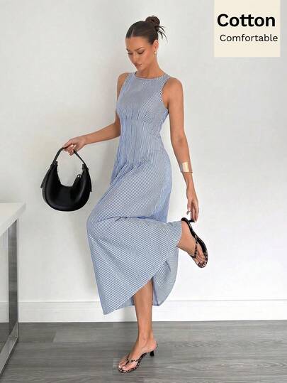 Siren Gaze Nuevo vestido largo de verano con fruncido en la cintura y línea A, estilizador para mujeres