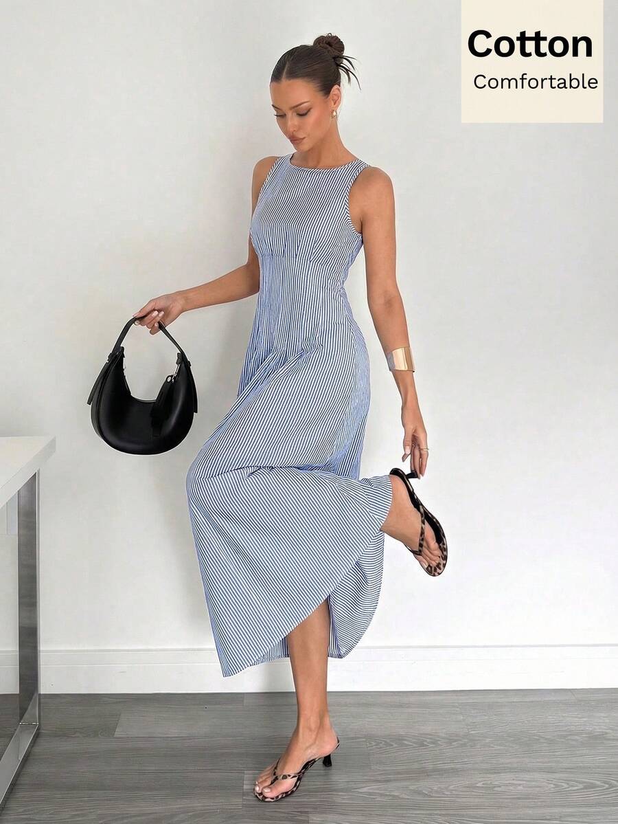 Siren Gaze 夏季新款腰部褶皱A字长裙，修身显瘦 - 藍色 - 查看 1