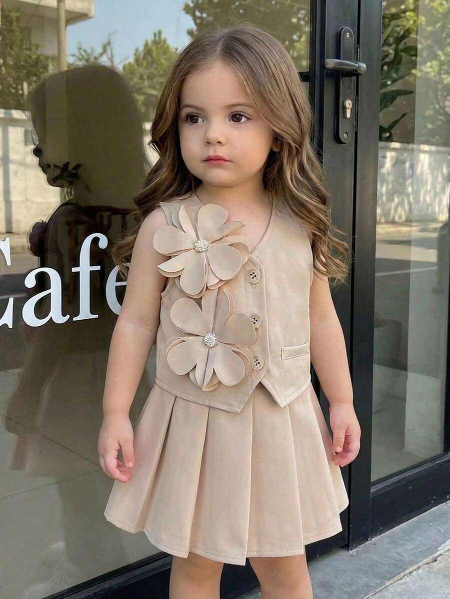 SHEIN 女婴优雅可爱杏色碎花吊带背心和百褶裙两件套 - 杏色 - 查看 1