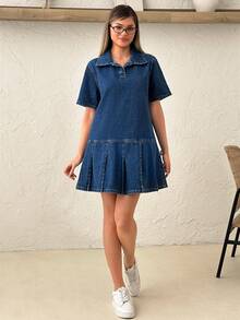 SHEIN 褶裥细节休闲迷你牛仔连衣裙 - 中等水洗藍 - 查看 4