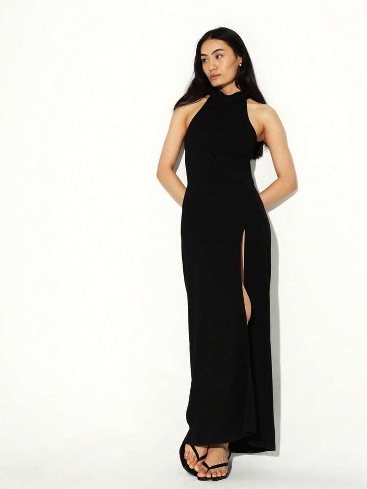 KSTM Backless Halter Neck Maxi Dress With Front Slit Evening Formal Party Long Sleeveless Gown