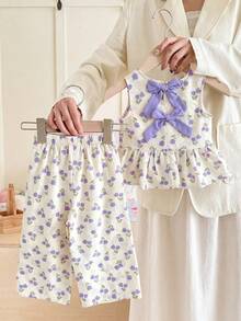 SHEIN LMoss Kids 女童夏季可爱碎花蝴蝶结装饰背心和裤子套装 - 彩色 - 查看 3
