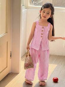 SHEIN Little Byeori Bộ đồ thể thao năng động cho bé gái, phong cách đường phố thường ngày, gồm áo không tay cổ vuông kẻ sọc và quần ống đứng. - Đỏ và trắng - Xem 7