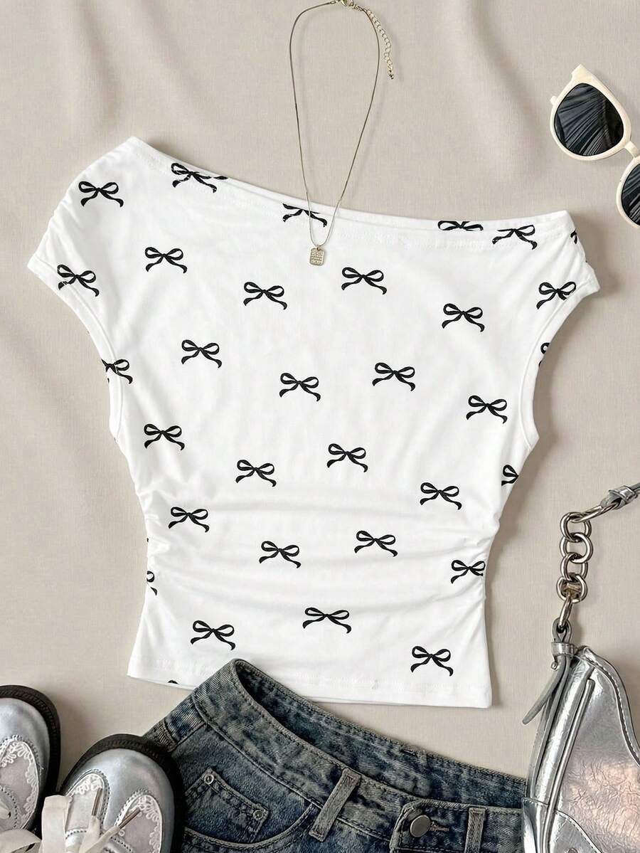 Áo croptop dệt kim màu trắng dành cho nữ tuổi teen, kiểu dáng tối giản, họa tiết chấm bi, dáng bất đối xứng, xếp ly, thích hợp cho mùa xuân/hè, phong cách thường ngày, cá tính. - Nhiều màu - Xem 1